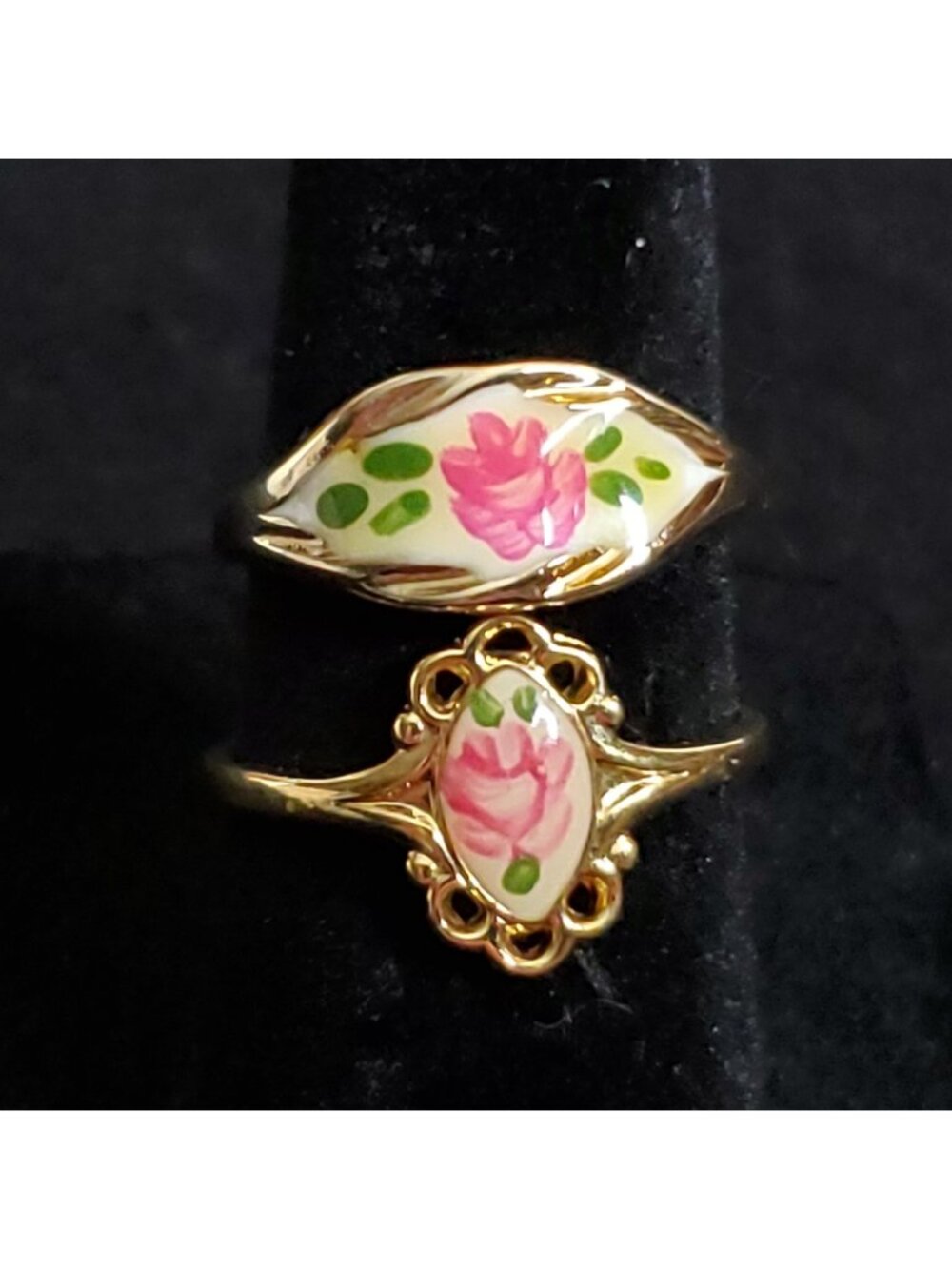 Vintage Enamel Rose Ring Lot of 2 Sz 6 7 ESPO 14ktGE Gold Tone Floral Dainty